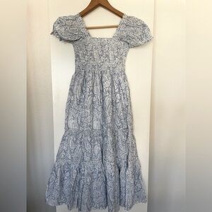 XSS OPT: Quality Cotton Midi Dress Fitted Torso Paisley Light Blue/White NWT!